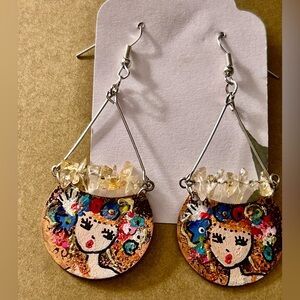 NWOT Earrings Artisan “Flower Fairies” bright mini Oil paintings, Citrine stones